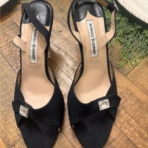 Manolo Blahnik Black Satin Open-Toe Slingback Heels with Crystal Buckle